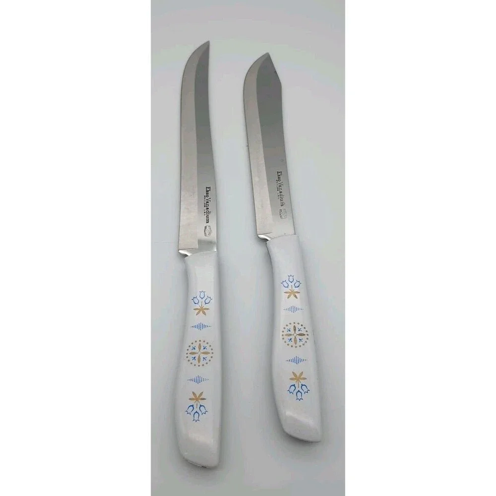 Vtg Ekco Vanadium Dutch Blue Tulip Knife Set Gold Set Of 2